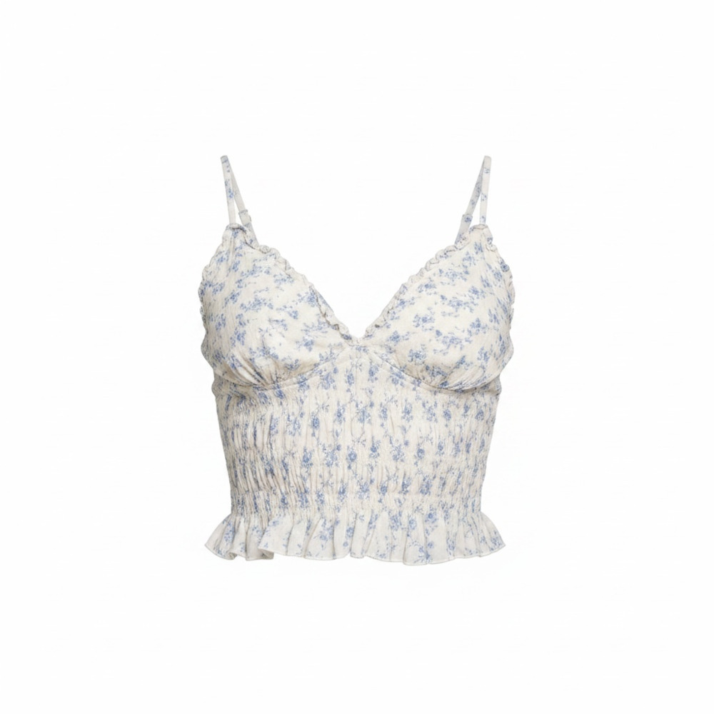 Isabelle's Cabinet womens Blue White Floral Smocked Ruffle Crop Camisole medium